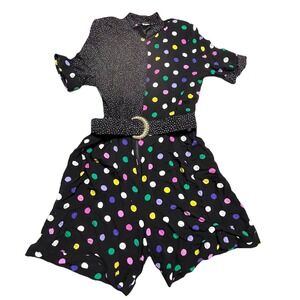 Vintage 80s S.L. Fashions Romper Women's Size 14 Black Polka Dot Jumpsuit
